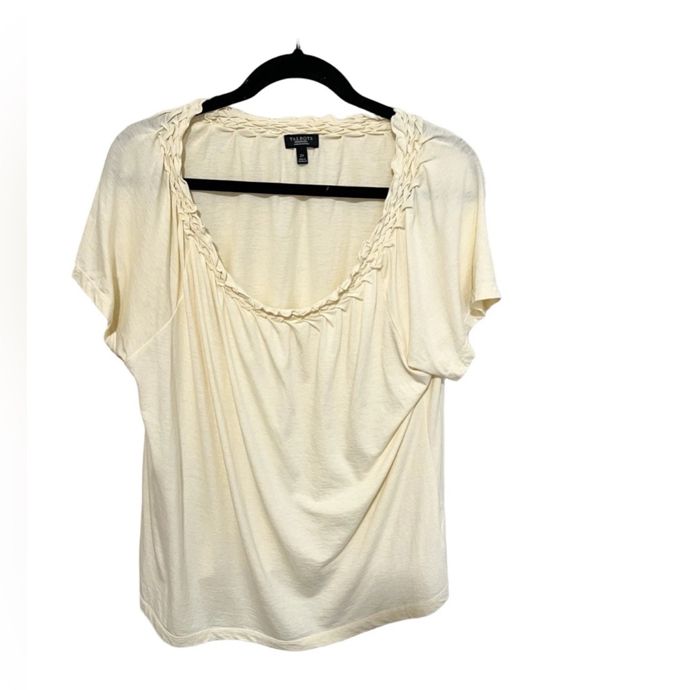Talbots 2XP Butter Yellow Braided Ruffle Neck Short Sleeve Top Cotton Modal